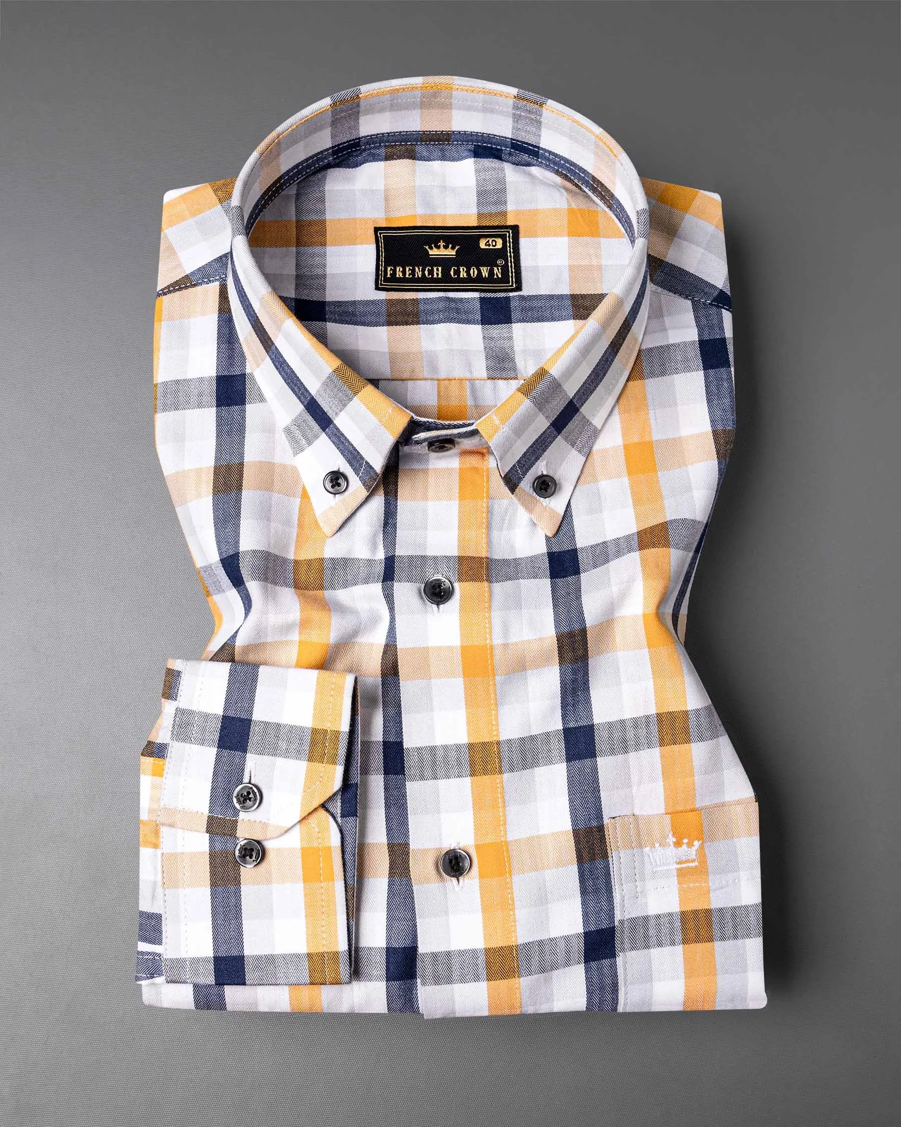 Bluish Blue with Macaroni and Ceramic White Plaid Herringbone Premium Cotton Shirt