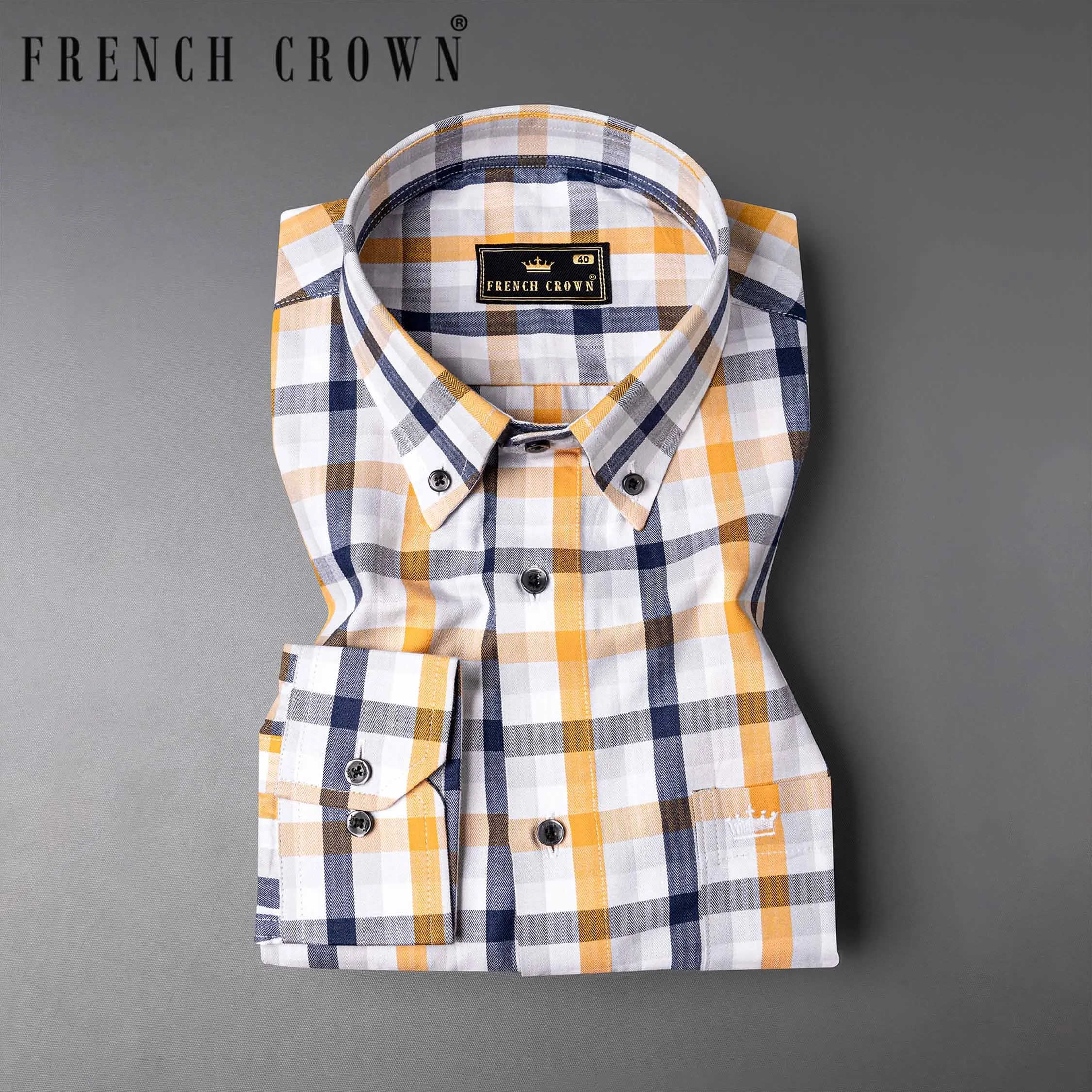 Bluish Blue with Macaroni and Ceramic White Plaid Herringbone Premium Cotton Shirt