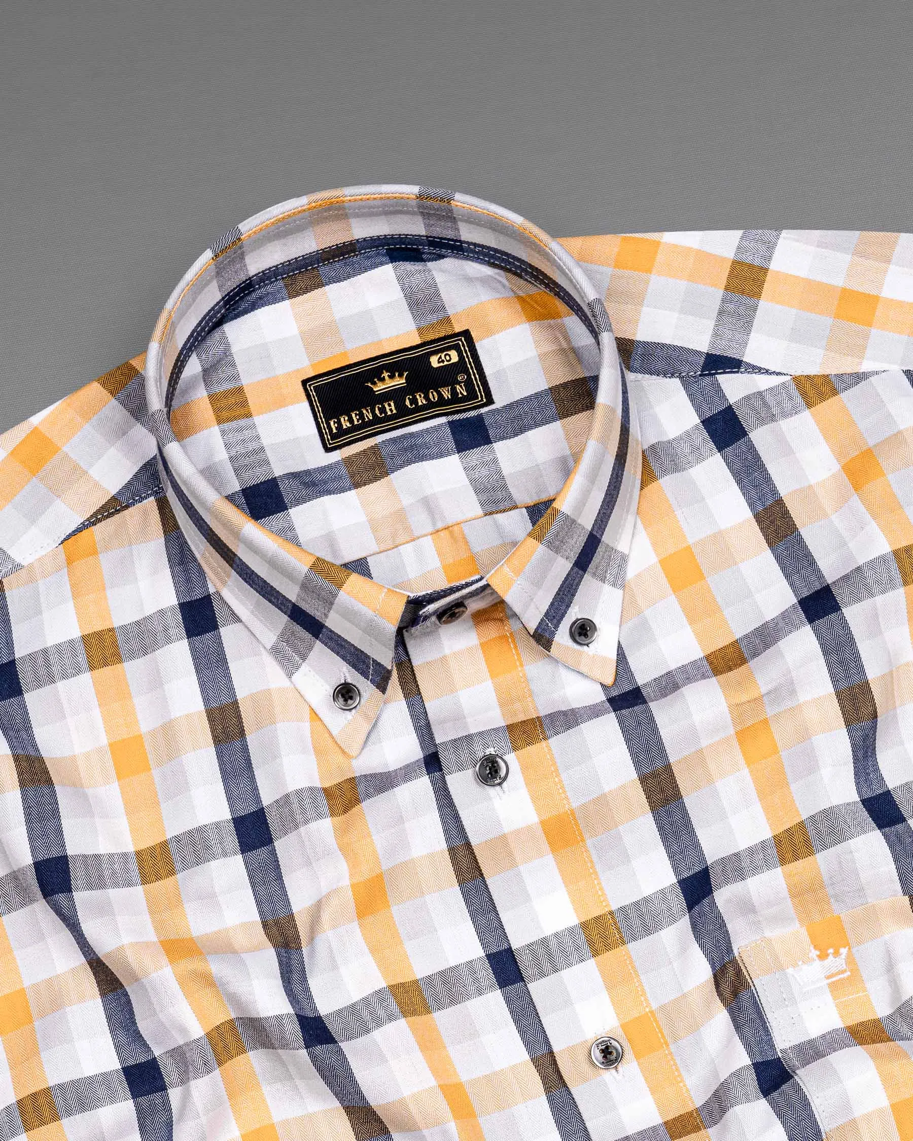 Bluish Blue with Macaroni and Ceramic White Plaid Herringbone Premium Cotton Shirt