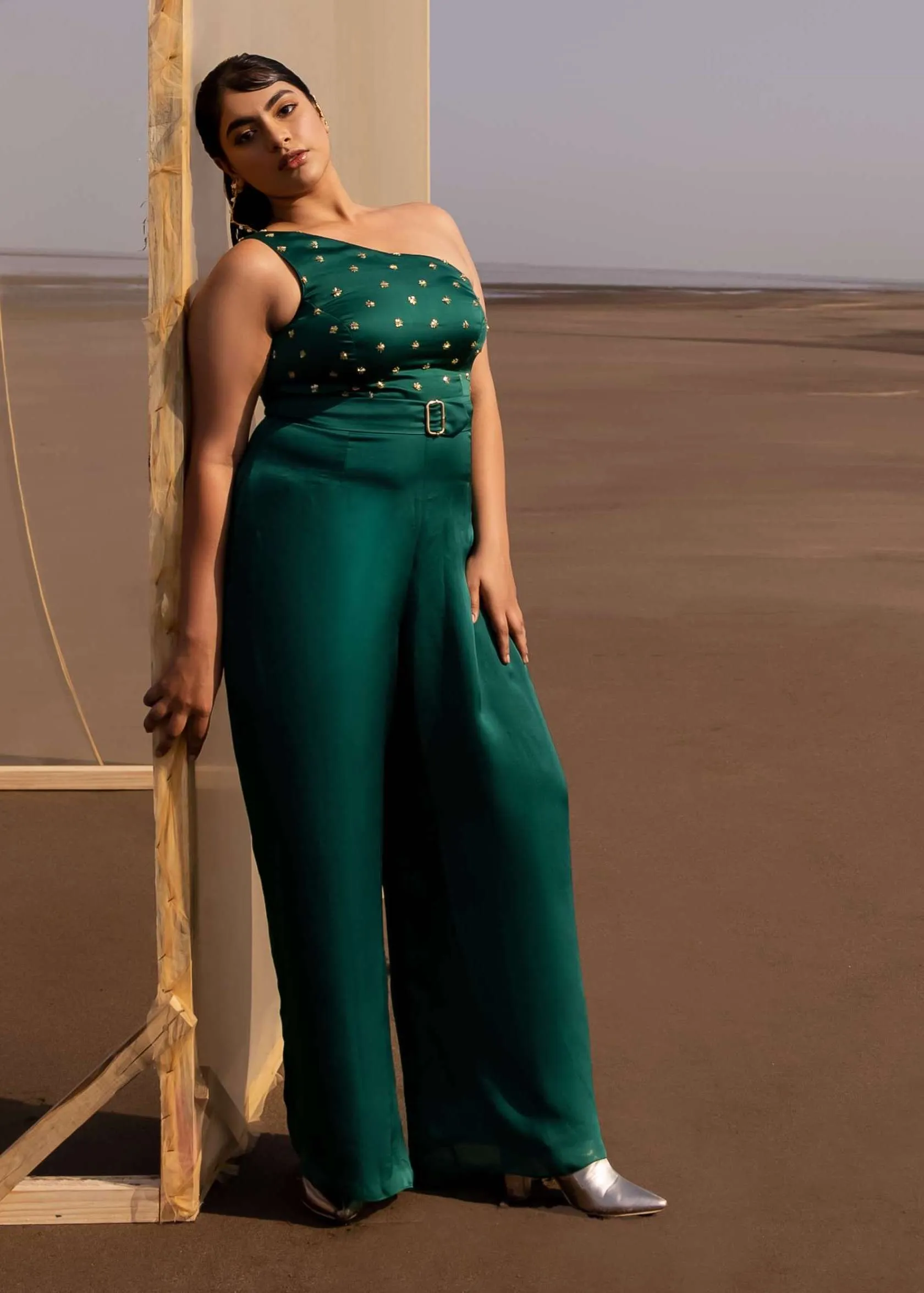 Bottle Green One Shoulder Jumpsuit