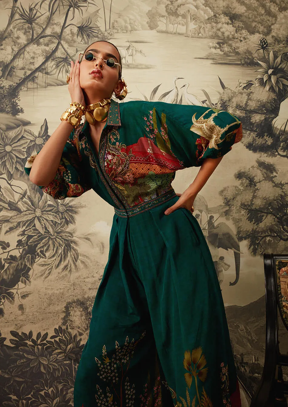 Bottle green printed jumpsuit