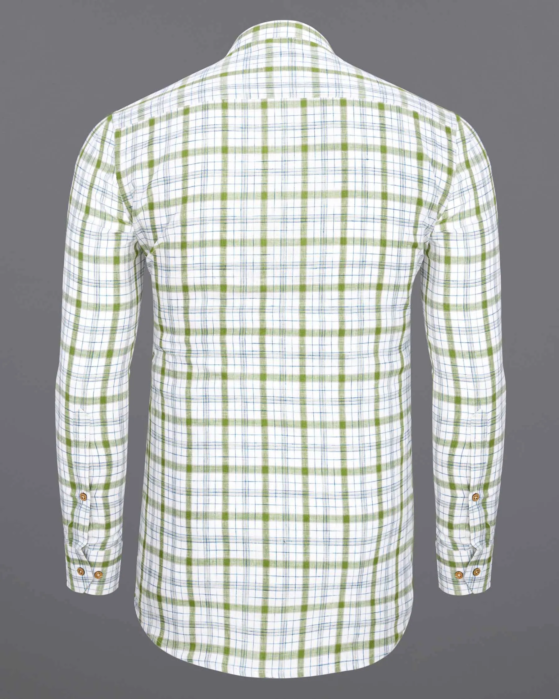 Bright White and Avocado Green Plaid Luxurious Linen Kurta Shirt