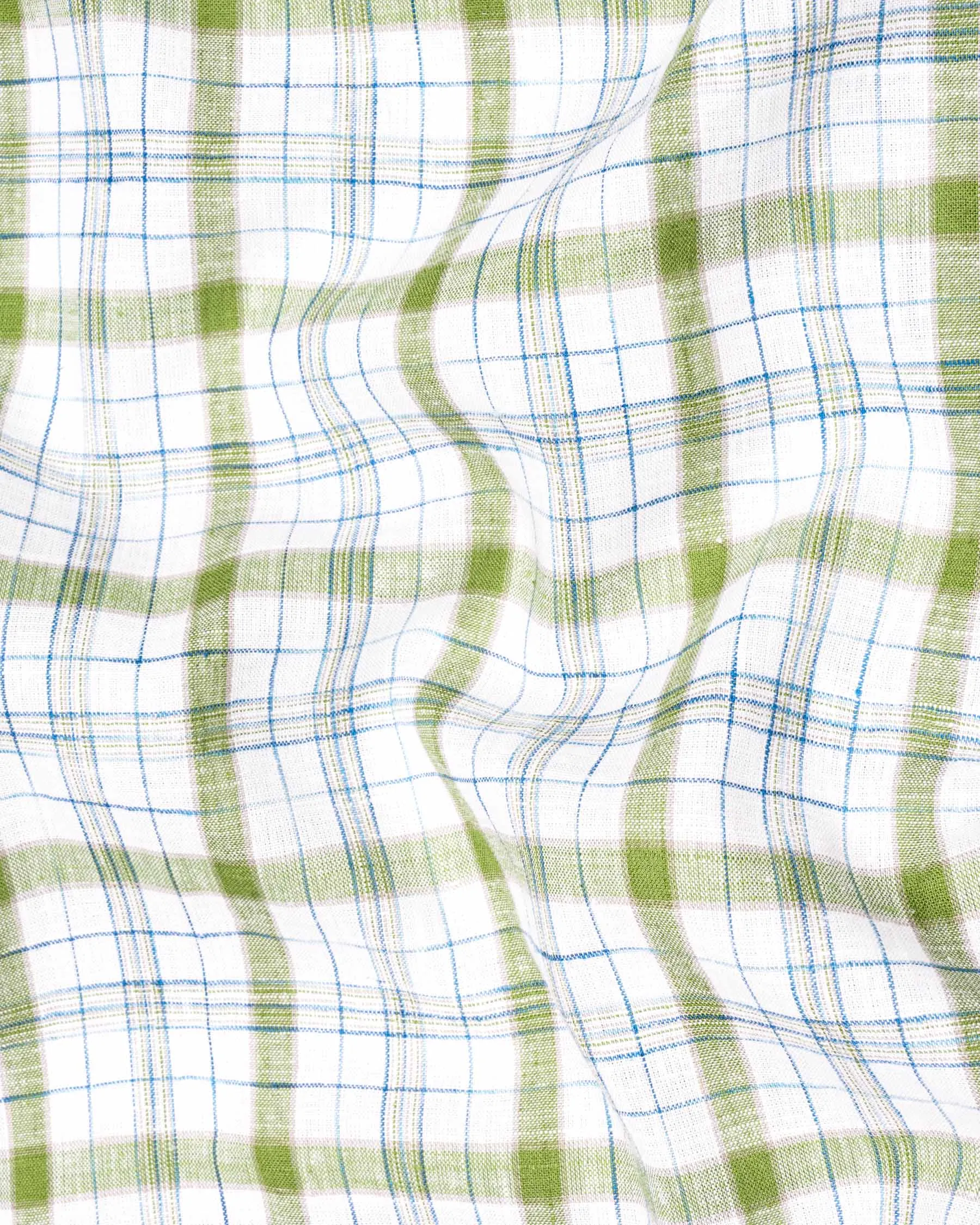 Bright White and Avocado Green Plaid Luxurious Linen Kurta Shirt