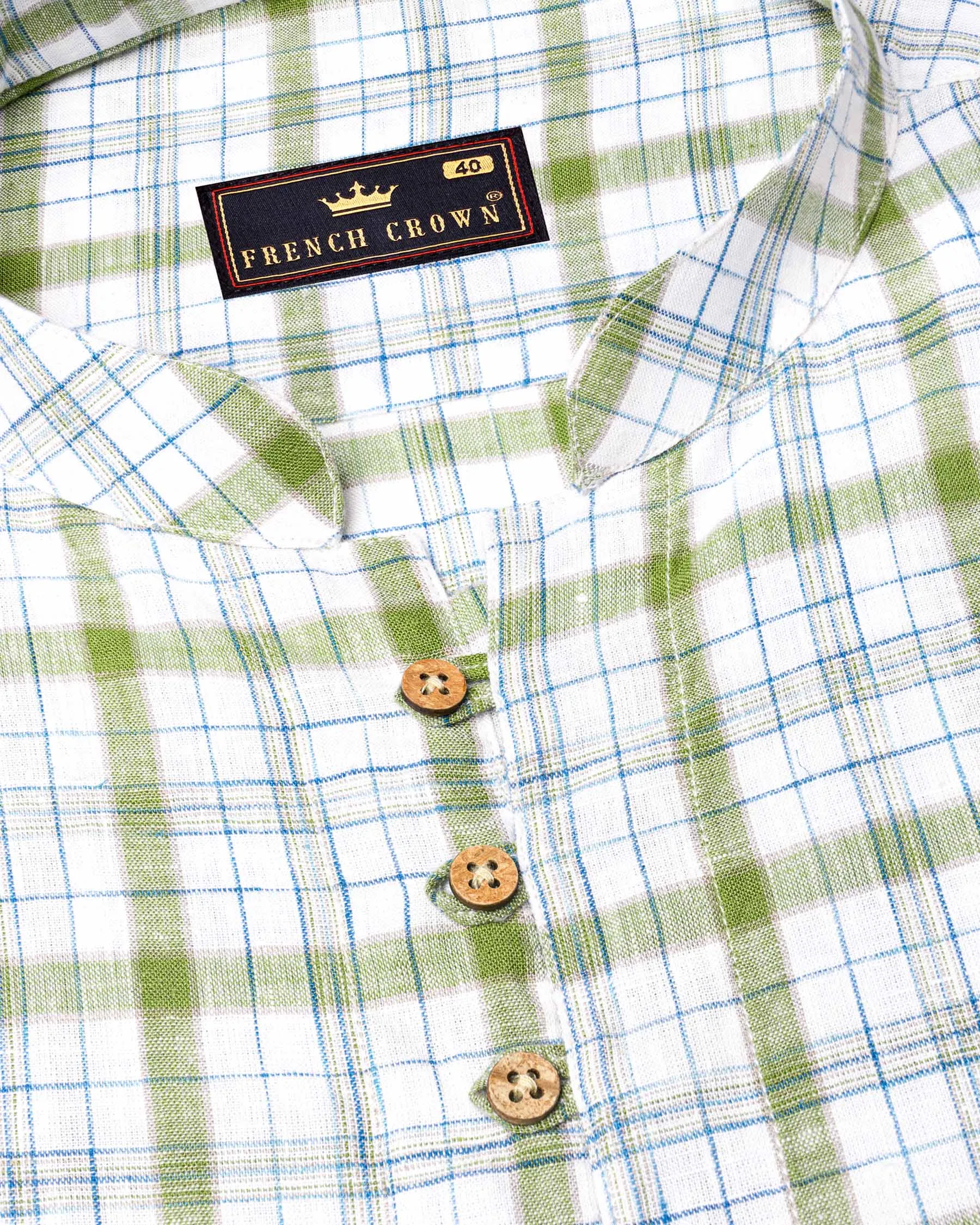 Bright White and Avocado Green Plaid Luxurious Linen Kurta Shirt