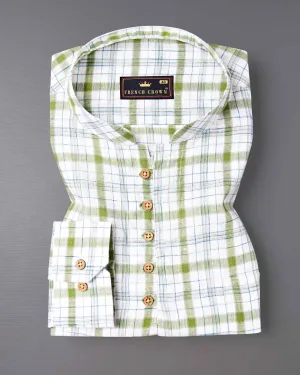 Bright White and Avocado Green Plaid Luxurious Linen Kurta Shirt