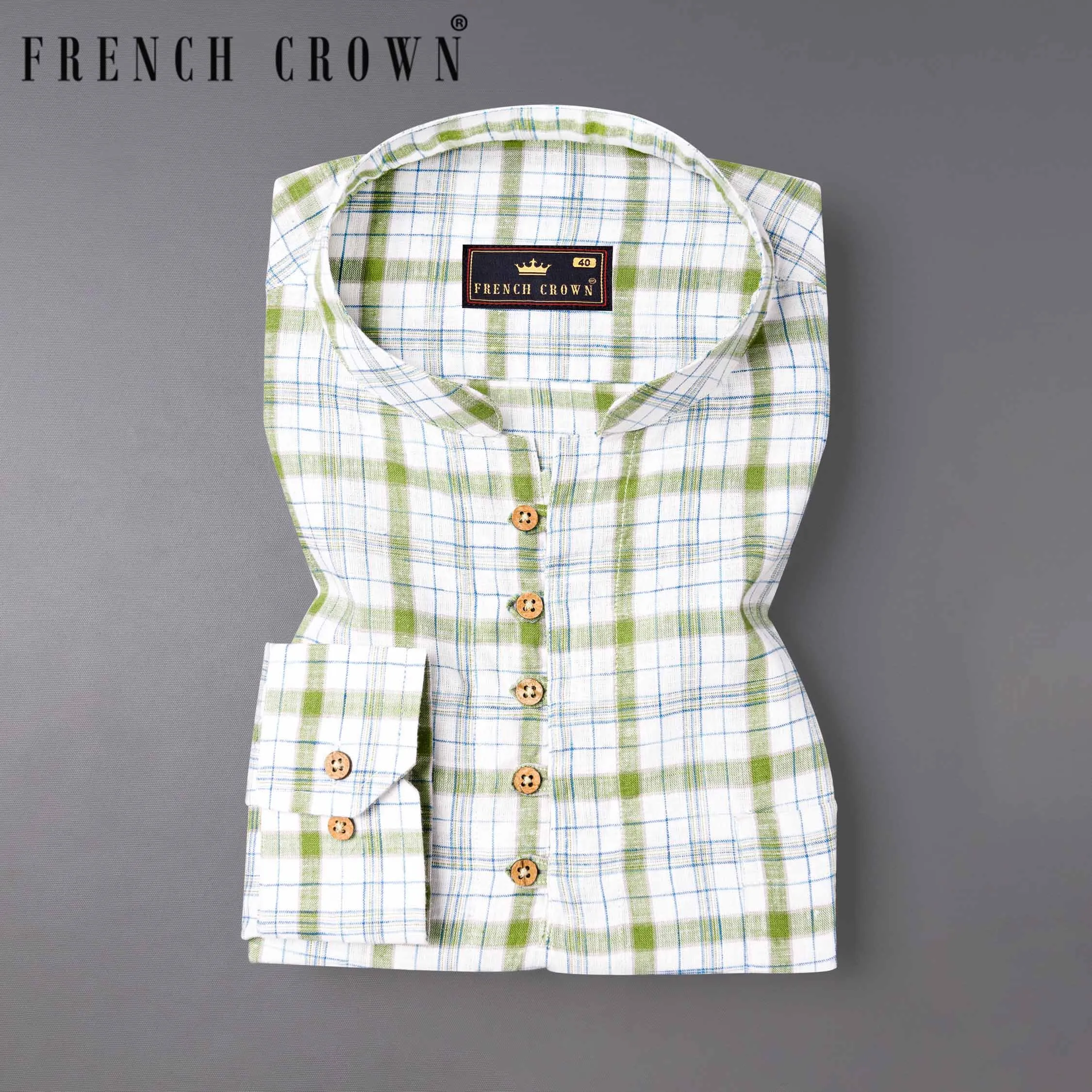 Bright White and Avocado Green Plaid Luxurious Linen Kurta Shirt