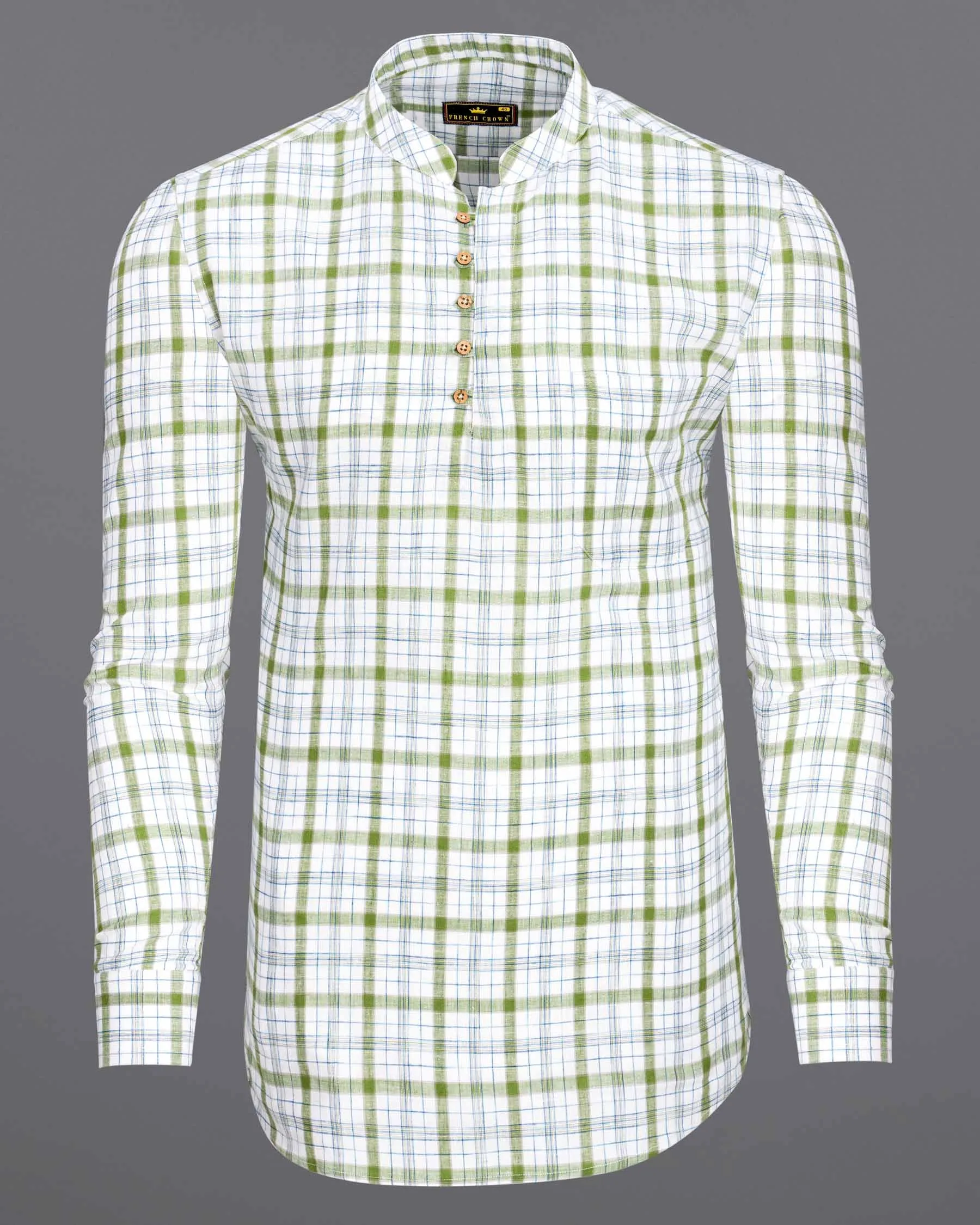 Bright White and Avocado Green Plaid Luxurious Linen Kurta Shirt