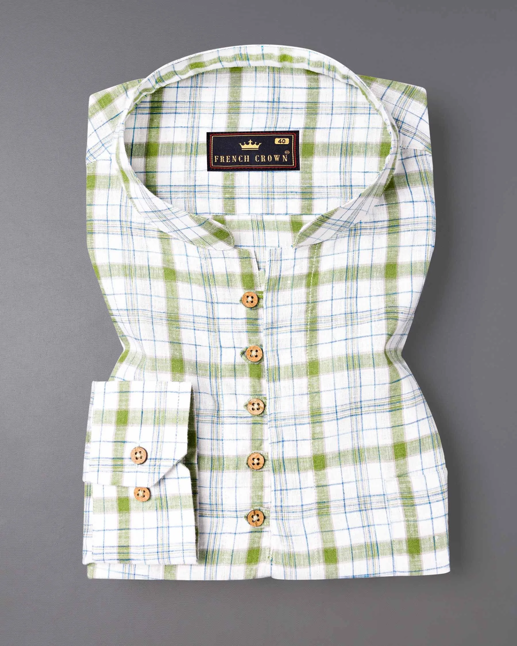 Bright White and Avocado Green Plaid Luxurious Linen Kurta Shirt