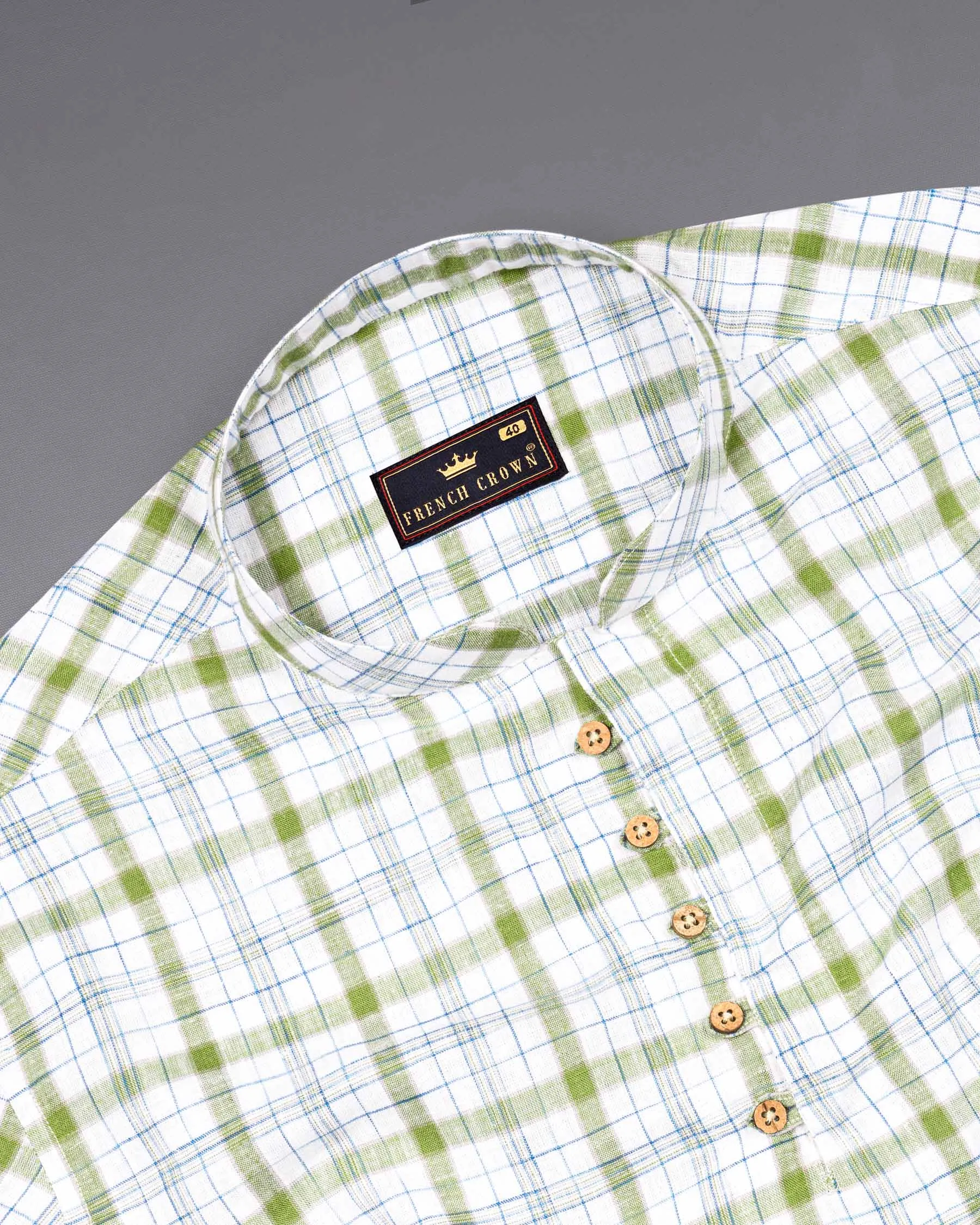 Bright White and Avocado Green Plaid Luxurious Linen Kurta Shirt