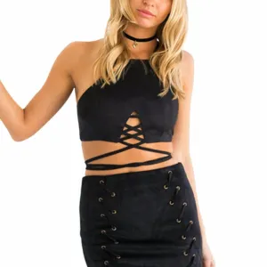 Brown Faux Leather Suede Tank Top Lace Up Camis Women Tops Slim Cami Party Crop Top Fall Vest