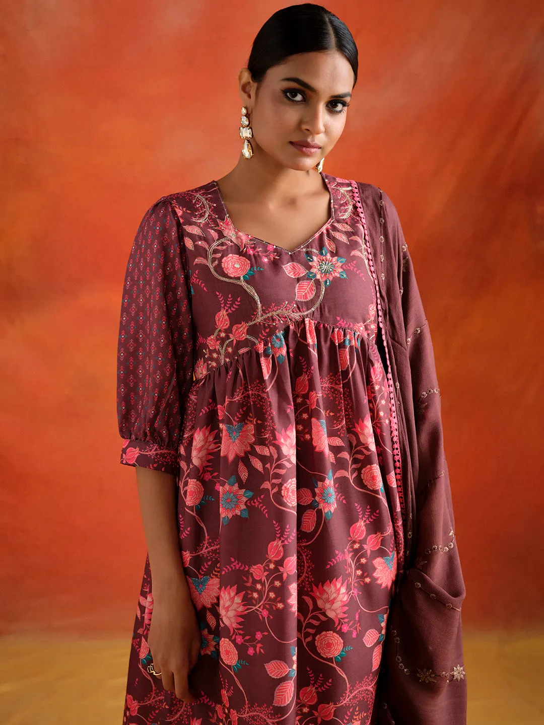 Brown Floral Printed Embroidered Kurta Set With Dupatta