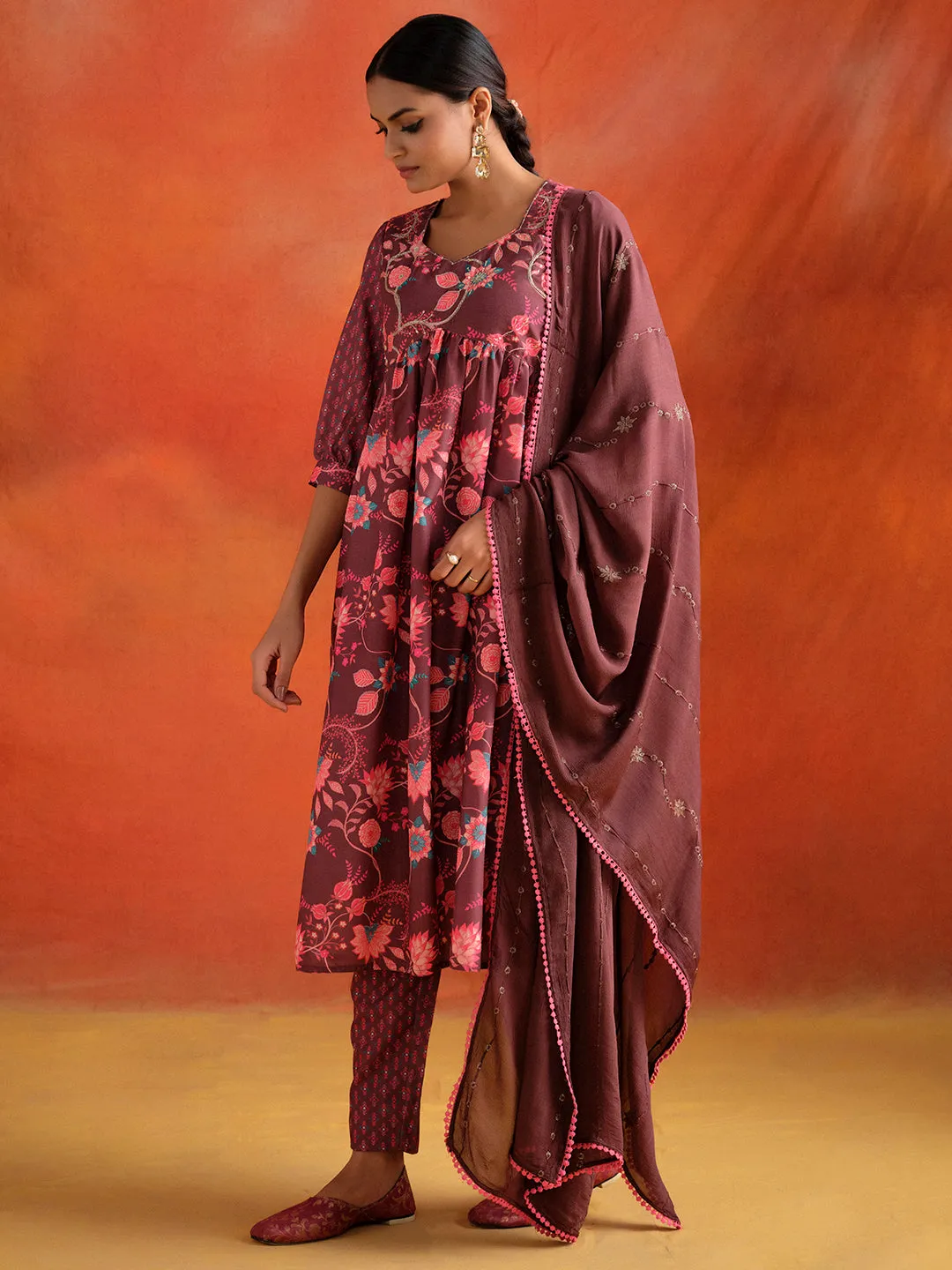 Brown Floral Printed Embroidered Kurta Set With Dupatta