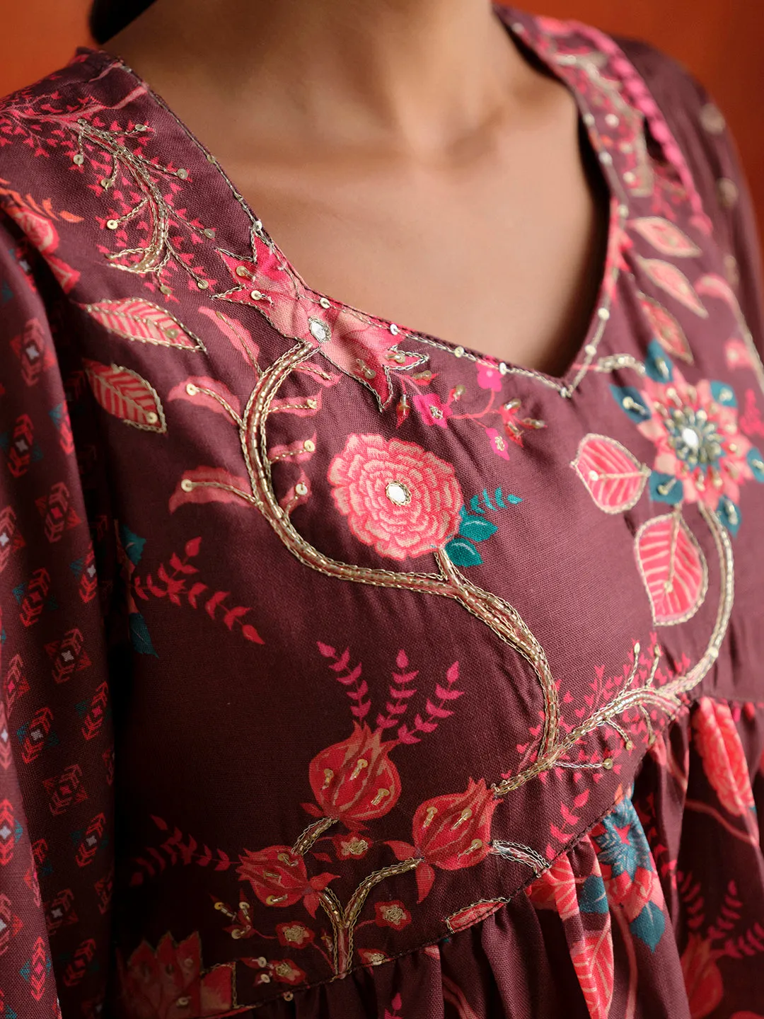 Brown Floral Printed Embroidered Kurta Set With Dupatta