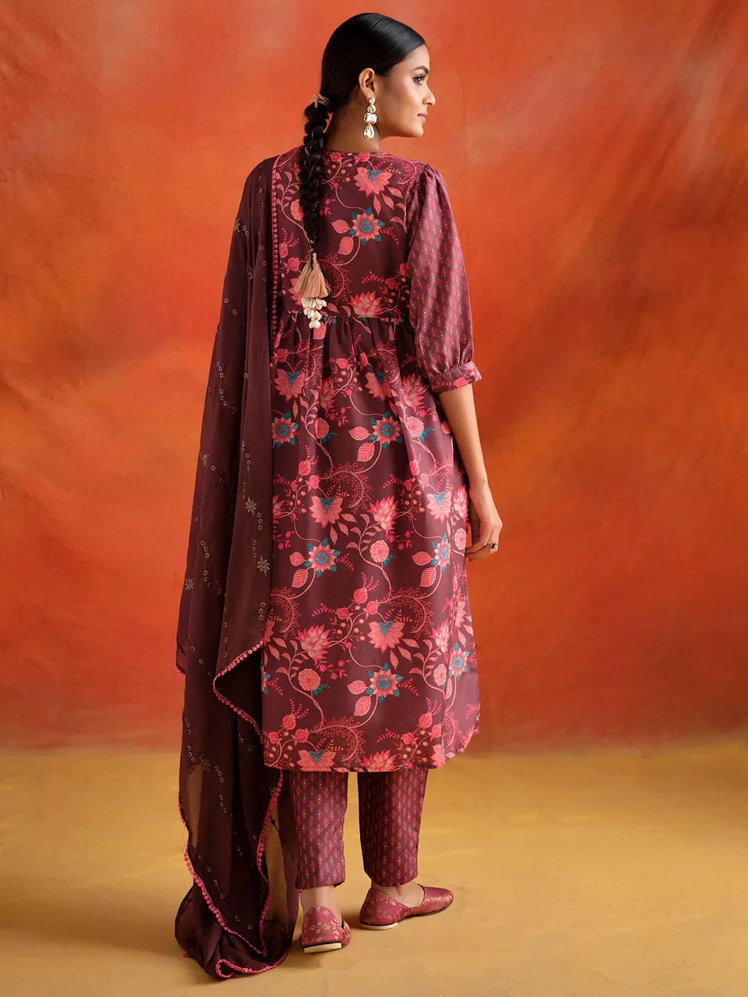 Brown Floral Printed Embroidered Kurta Set With Dupatta