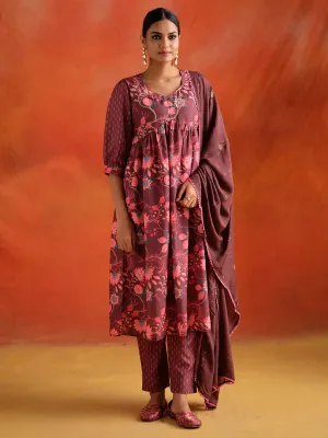 Brown Floral Printed Embroidered Kurta Set With Dupatta