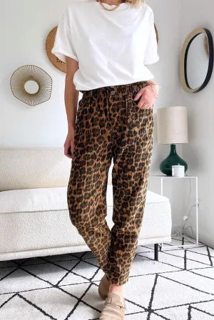 Brown Leopard Printed Dual Buttoned High Waist Textured Pants