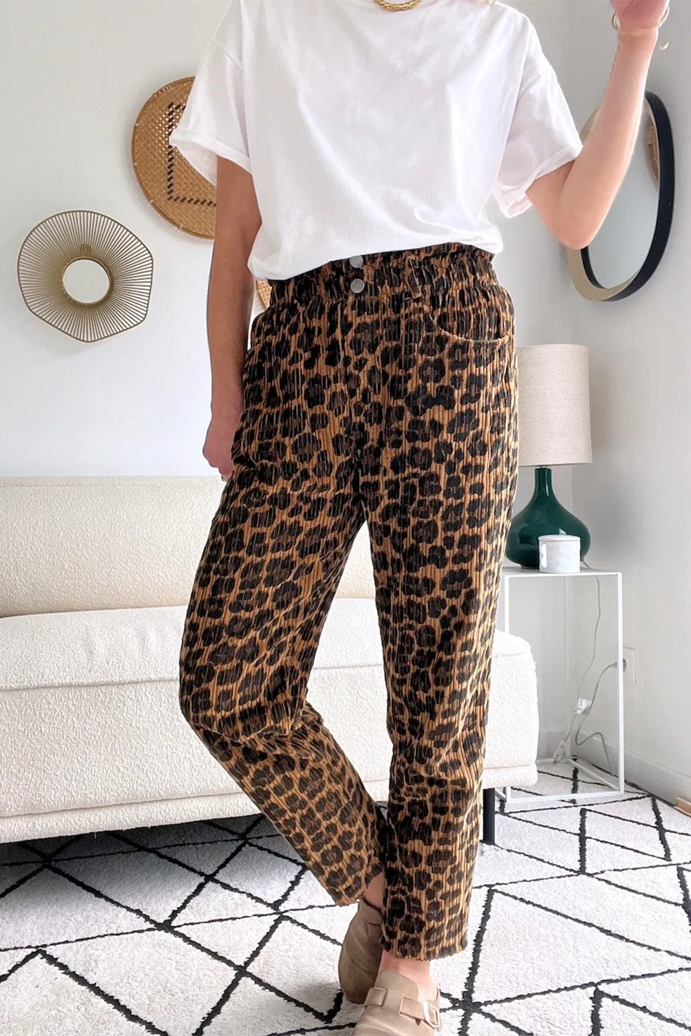 Brown Leopard Printed Dual Buttoned High Waist Textured Pants