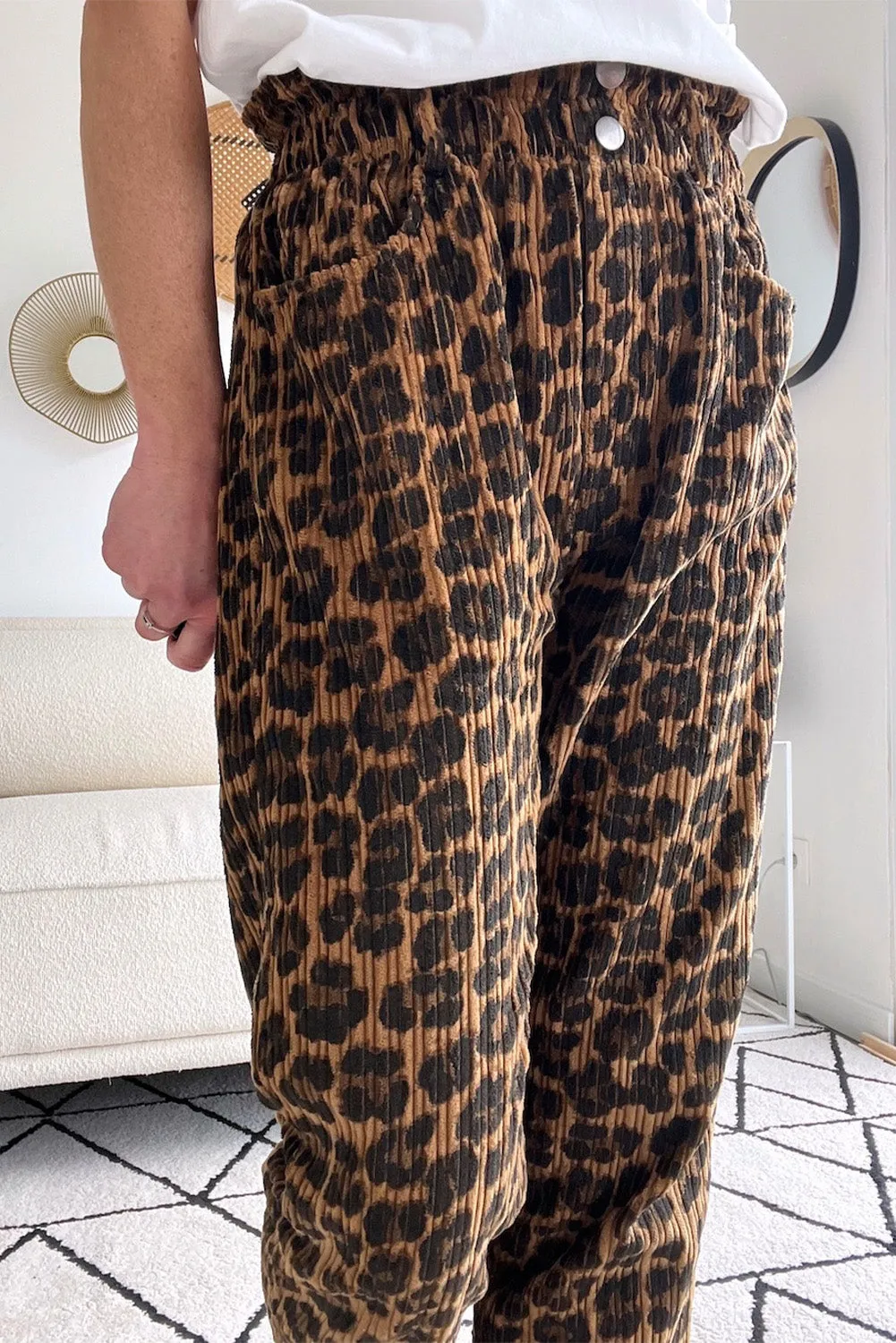 Brown Leopard Printed Dual Buttoned High Waist Textured Pants