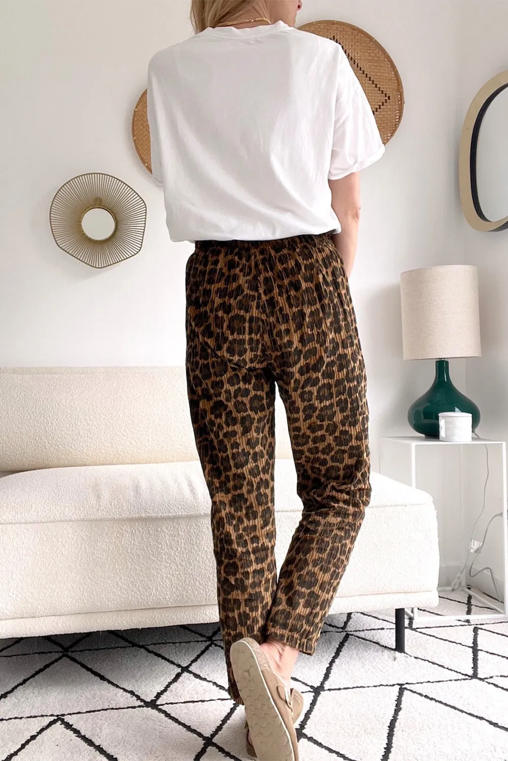 Brown Leopard Printed Dual Buttoned High Waist Textured Pants