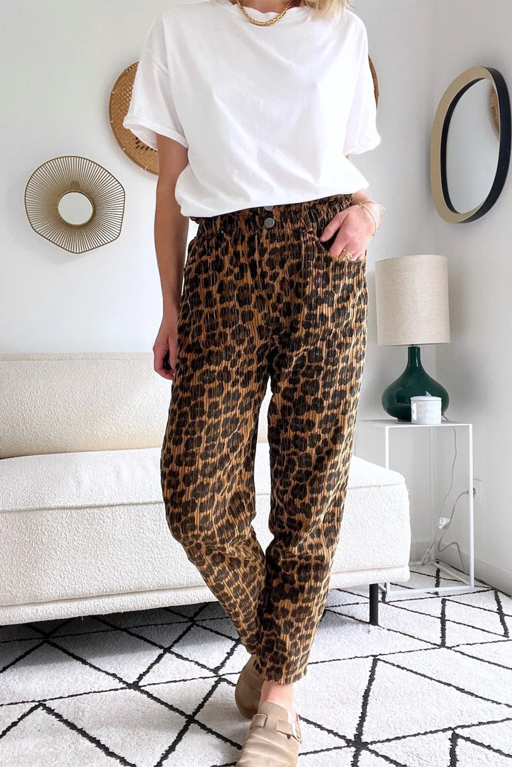 Brown Leopard Printed Dual Buttoned High Waist Textured Pants