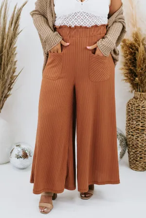 Brown Ribbed Patch Pocket Frill Waist Wide Leg Plus Pants