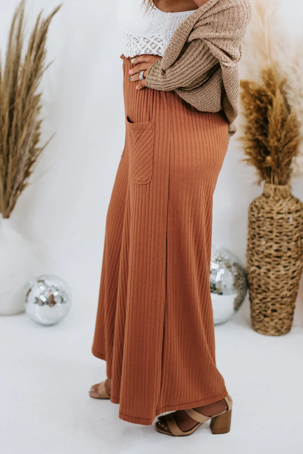 Brown Ribbed Patch Pocket Frill Waist Wide Leg Plus Pants