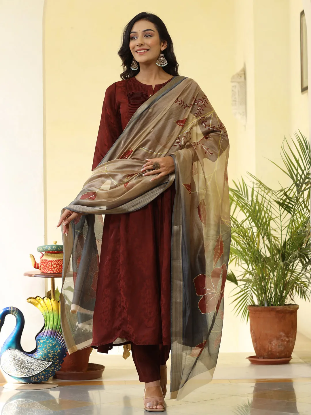 Brown Silk Pleated Flared Kurta With Pants And Dupatta