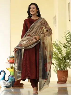 Brown Silk Pleated Flared Kurta With Pants And Dupatta