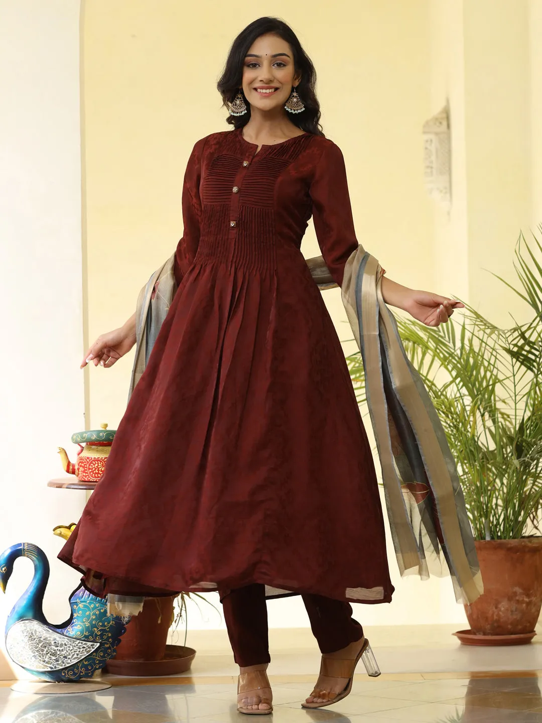 Brown Silk Pleated Flared Kurta With Pants And Dupatta