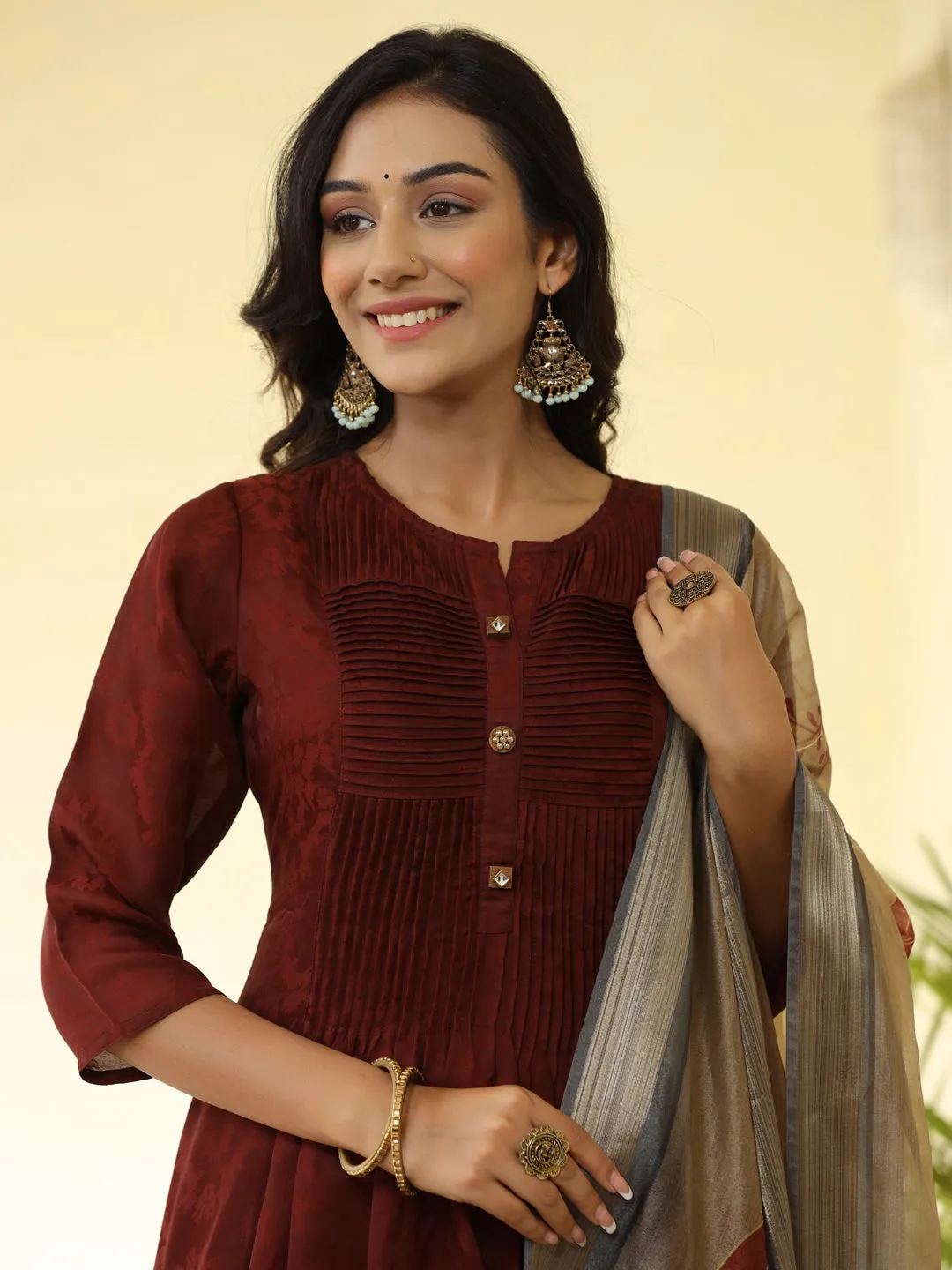 Brown Silk Pleated Flared Kurta With Pants And Dupatta