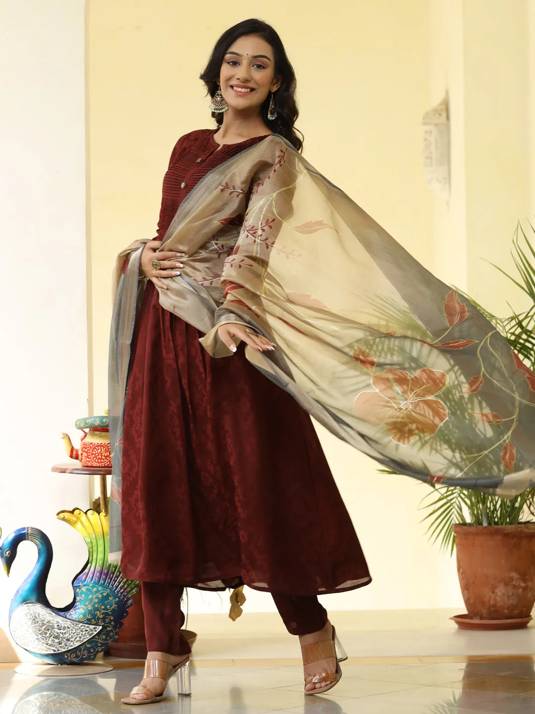 Brown Silk Pleated Flared Kurta With Pants And Dupatta