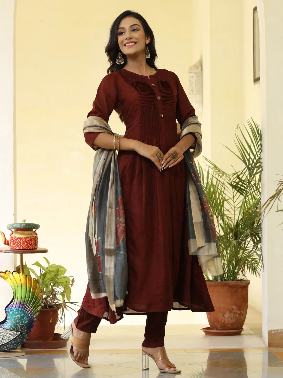 Brown Silk Pleated Flared Kurta With Pants And Dupatta