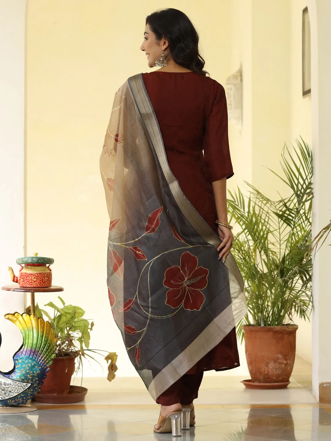 Brown Silk Pleated Flared Kurta With Pants And Dupatta