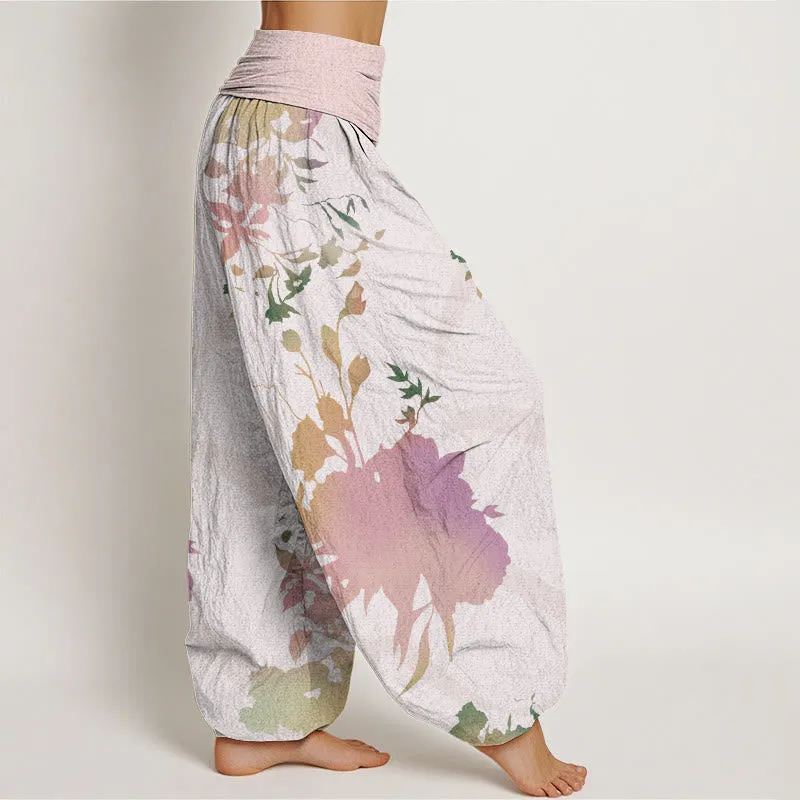 Buddha Stones Abstract Floral Paintings Ribbon Design Women's Elastic Waist Harem Pants