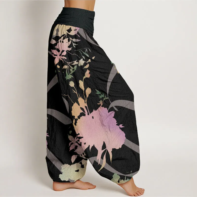 Buddha Stones Abstract Floral Paintings Ribbon Design Women's Elastic Waist Harem Pants
