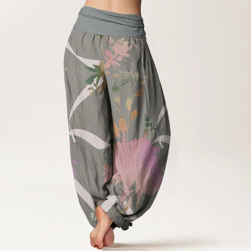Buddha Stones Abstract Floral Paintings Ribbon Design Women's Elastic Waist Harem Pants