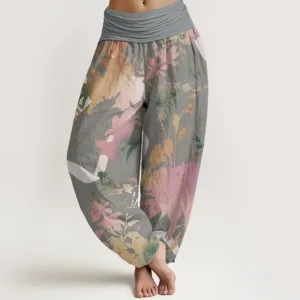 Buddha Stones Abstract Floral Paintings Ribbon Design Women's Elastic Waist Harem Pants
