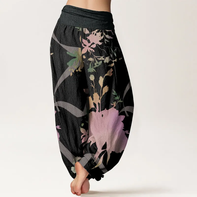 Buddha Stones Abstract Floral Paintings Ribbon Design Women's Elastic Waist Harem Pants
