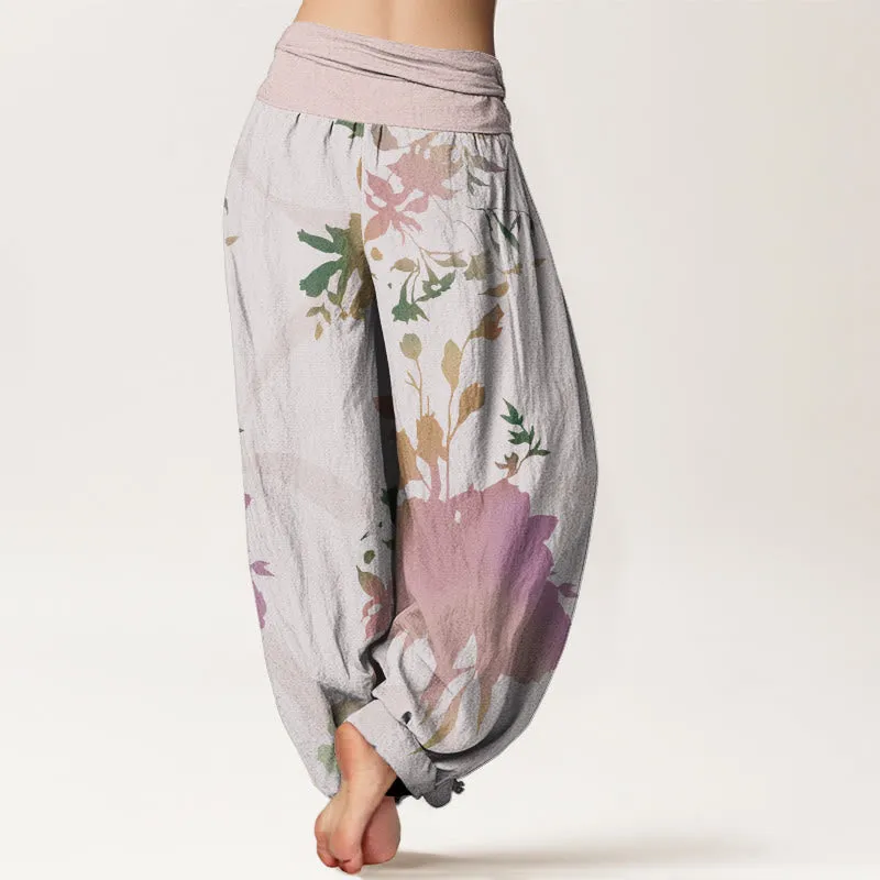 Buddha Stones Abstract Floral Paintings Ribbon Design Women's Elastic Waist Harem Pants
