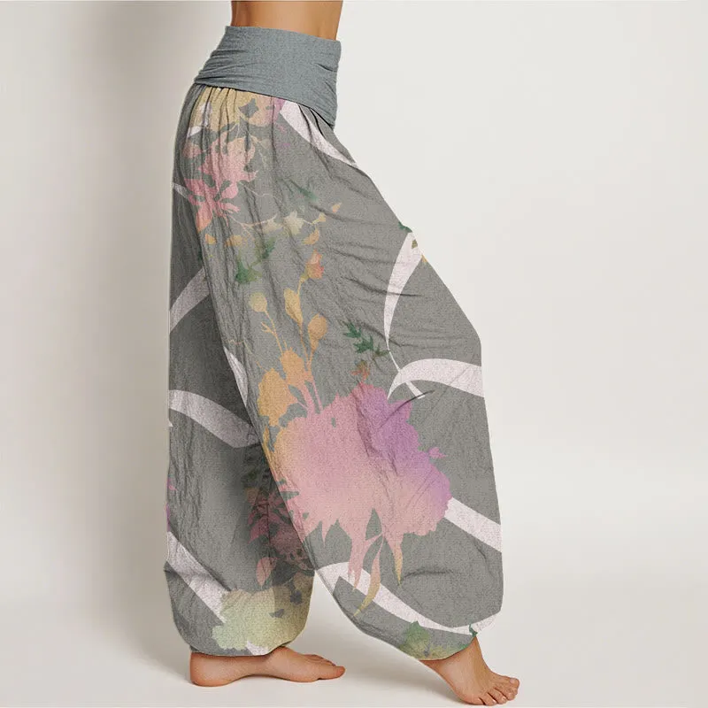 Buddha Stones Abstract Floral Paintings Ribbon Design Women's Elastic Waist Harem Pants