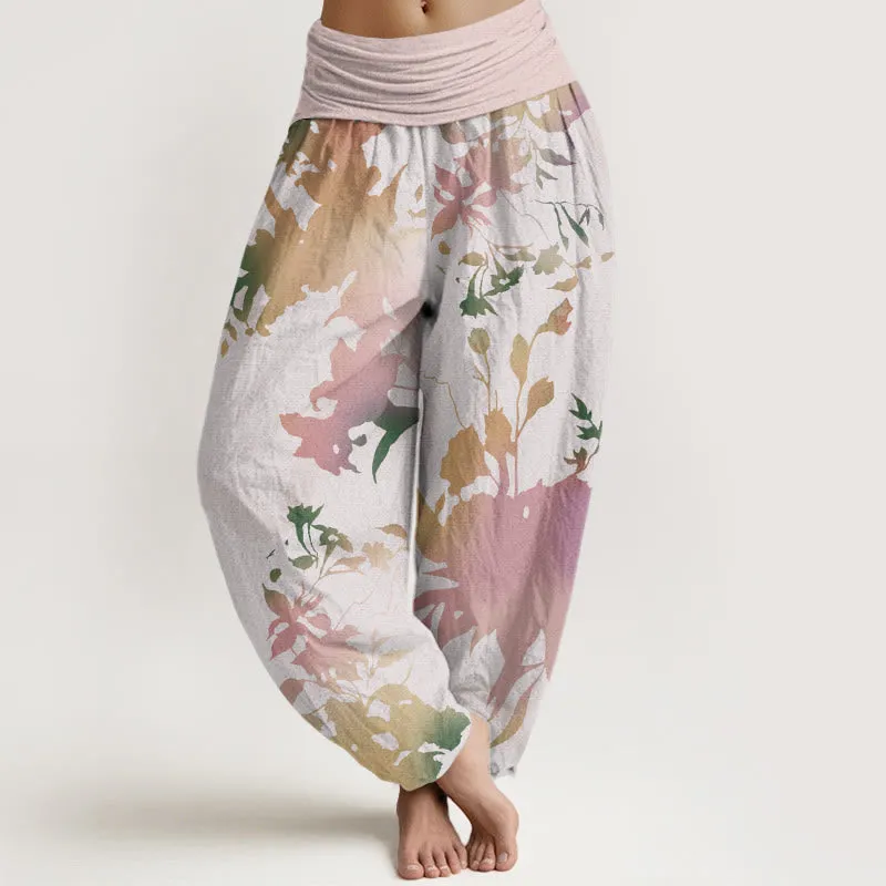 Buddha Stones Abstract Floral Paintings Ribbon Design Women's Elastic Waist Harem Pants