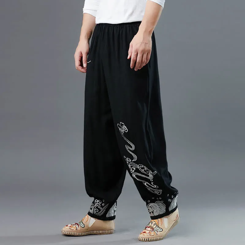 Buddha Stones Clouds Elastic Waist Ethnic Cotton Men's Pants With Pockets