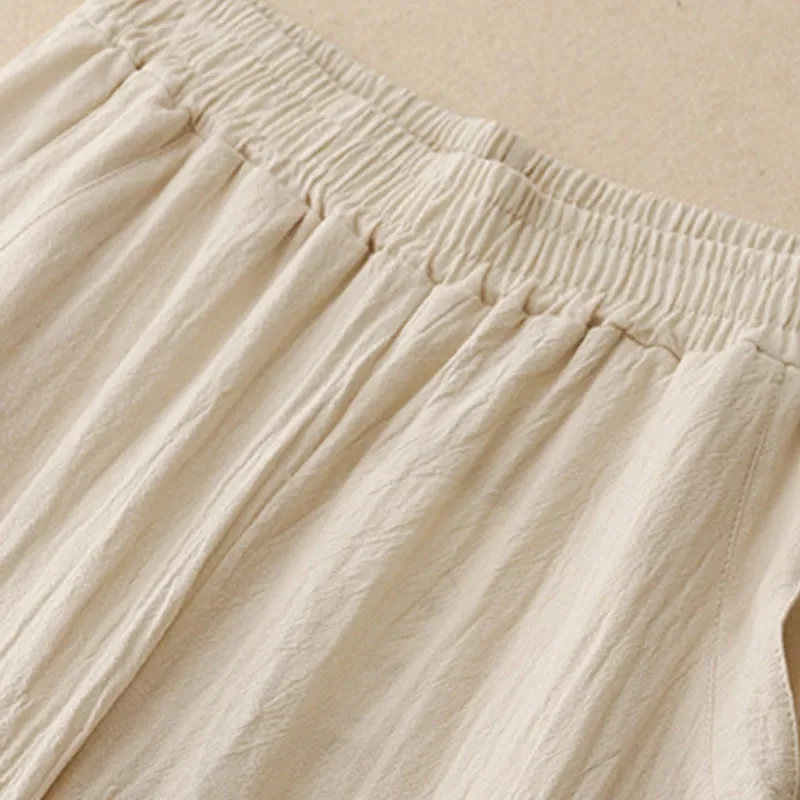 Buddha Stones Daily Plain Elastic Waistband Cotton Linen Women's Pants With Pockets