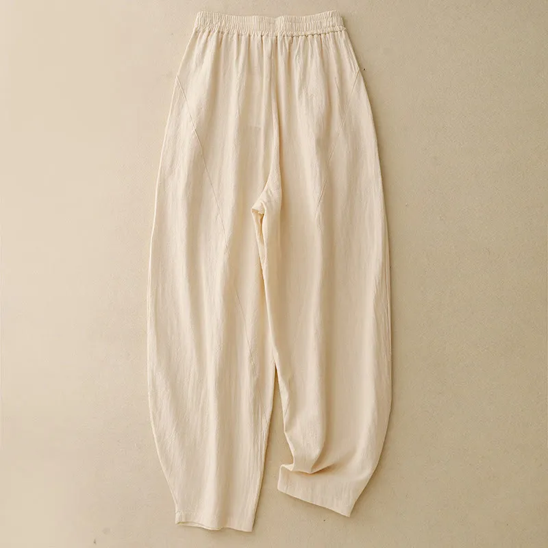 Buddha Stones Daily Plain Elastic Waistband Cotton Linen Women's Pants With Pockets