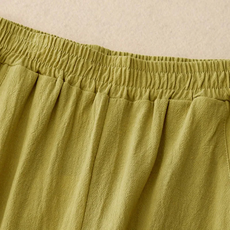 Buddha Stones Daily Plain Elastic Waistband Cotton Linen Women's Pants With Pockets