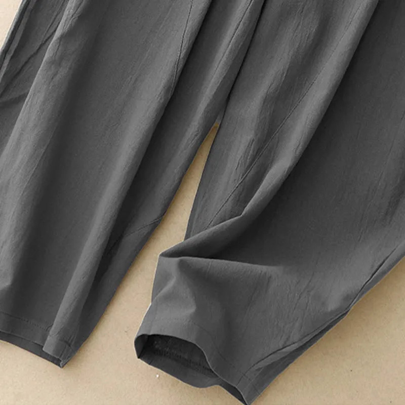 Buddha Stones Daily Plain Elastic Waistband Cotton Linen Women's Pants With Pockets