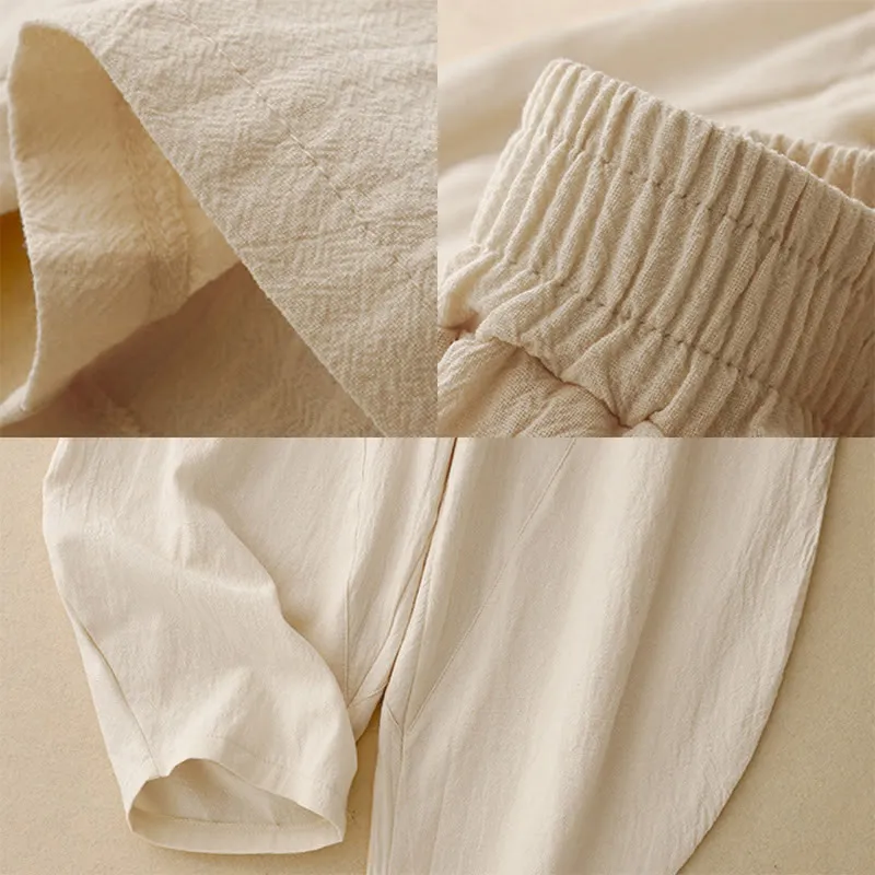 Buddha Stones Daily Plain Elastic Waistband Cotton Linen Women's Pants With Pockets