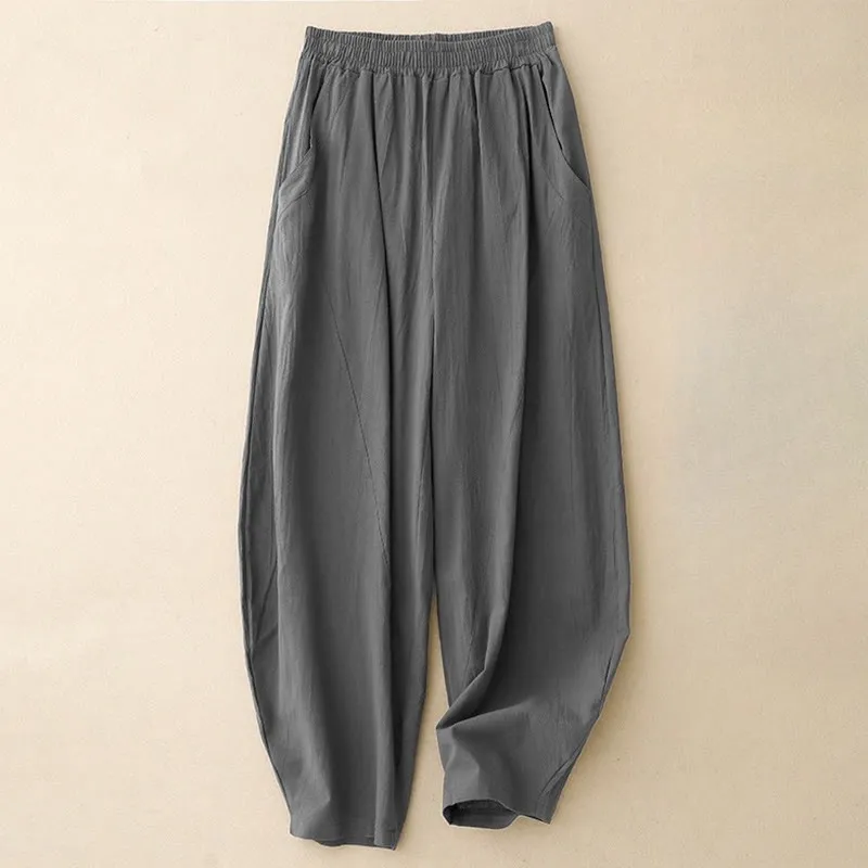 Buddha Stones Daily Plain Elastic Waistband Cotton Linen Women's Pants With Pockets