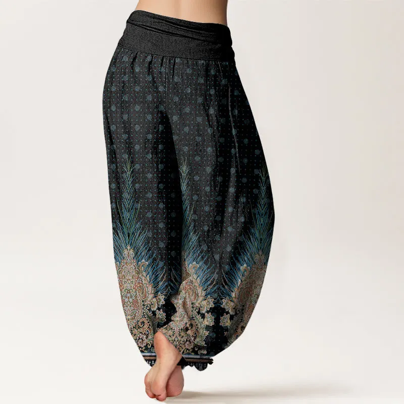 Buddha Stones Ethnic Peacock Floral Pattern Women's Elastic Waist Harem Pants