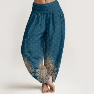 Buddha Stones Ethnic Peacock Floral Pattern Women's Elastic Waist Harem Pants